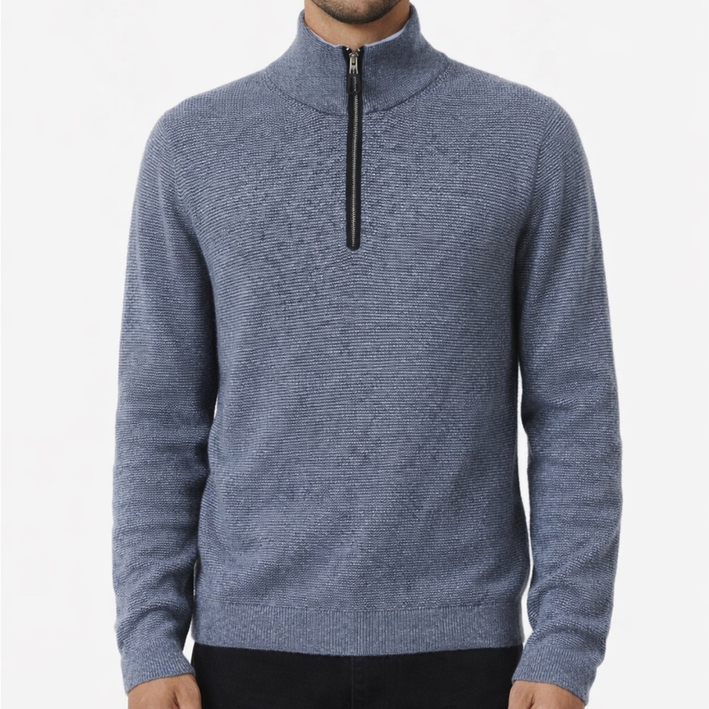 Ermenegildo Zegna Mens Blue Cashmere Cotton Quarter Zip Sweater